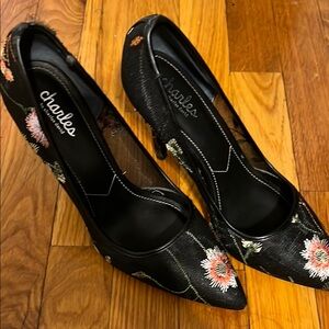 Charles David Black Heels with Floral Design